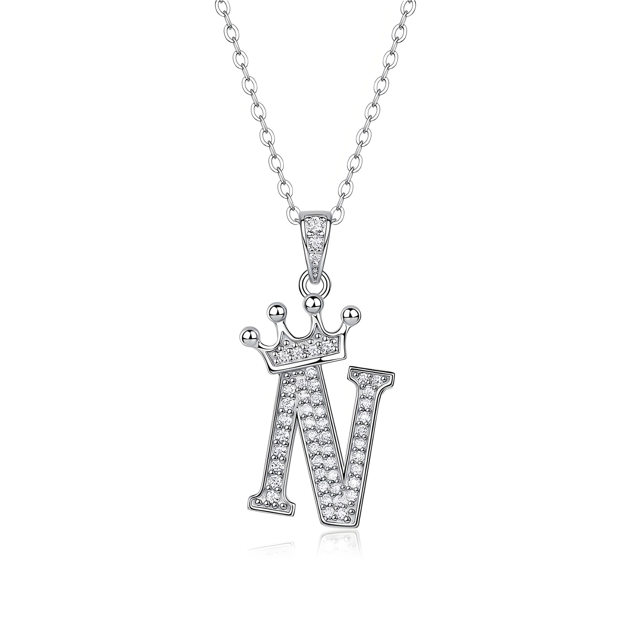 Crown Initial 'N' Letter Customized Moissanite Pendant Necklace of Tiara Alphabet with Halo Bail in 18K Gold Plated Sterling Silver - La Pretti
