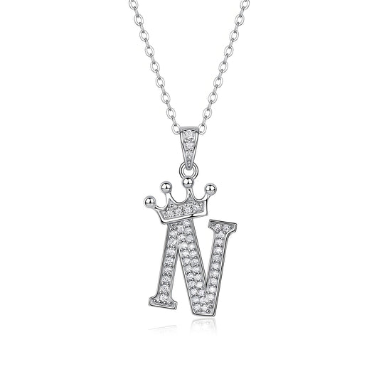 Crown Initial 'N' Letter Customized Moissanite Pendant Necklace of Tiara Alphabet with Halo Bail in 18K Gold Plated Sterling Silver - La Pretti