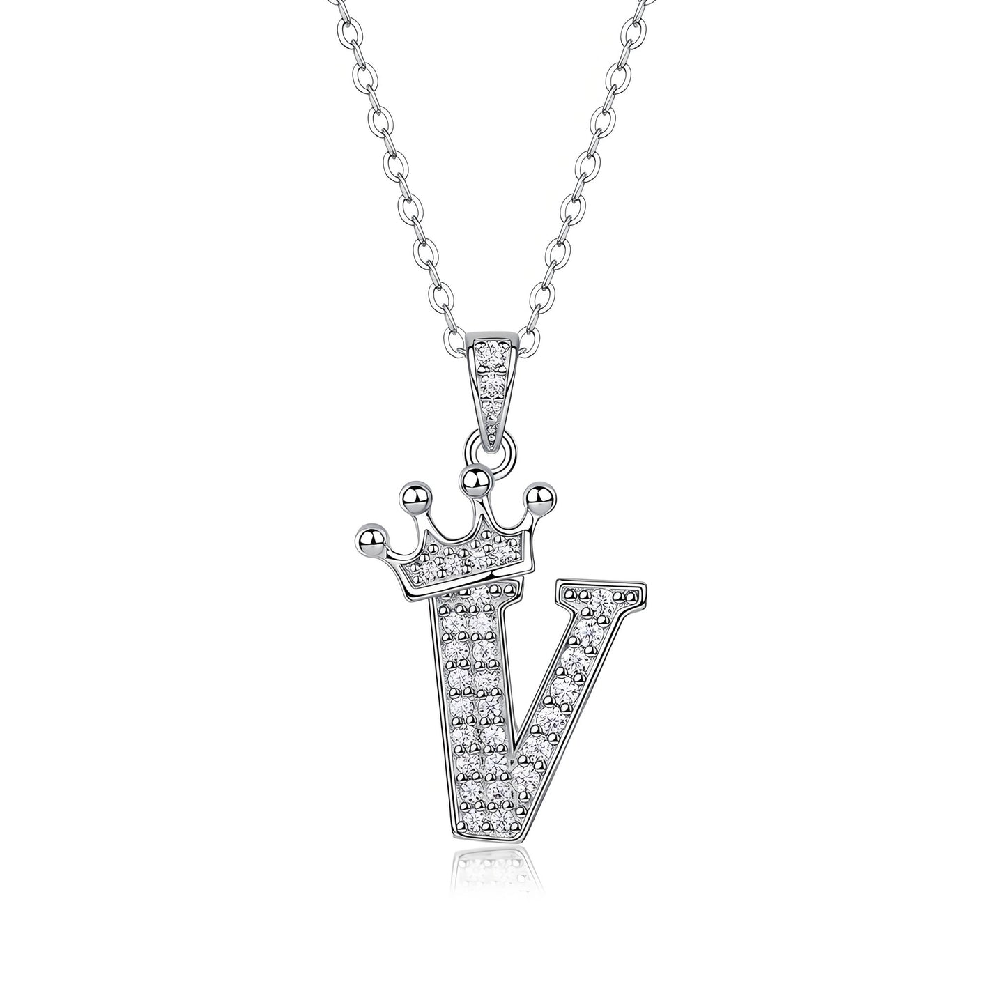 Crown Initial 'V' Letter Customized Moissanite Pendant Necklace of Tiara Alphabet with Halo Bail in 18K Gold Plated Sterling Silver - La Pretti