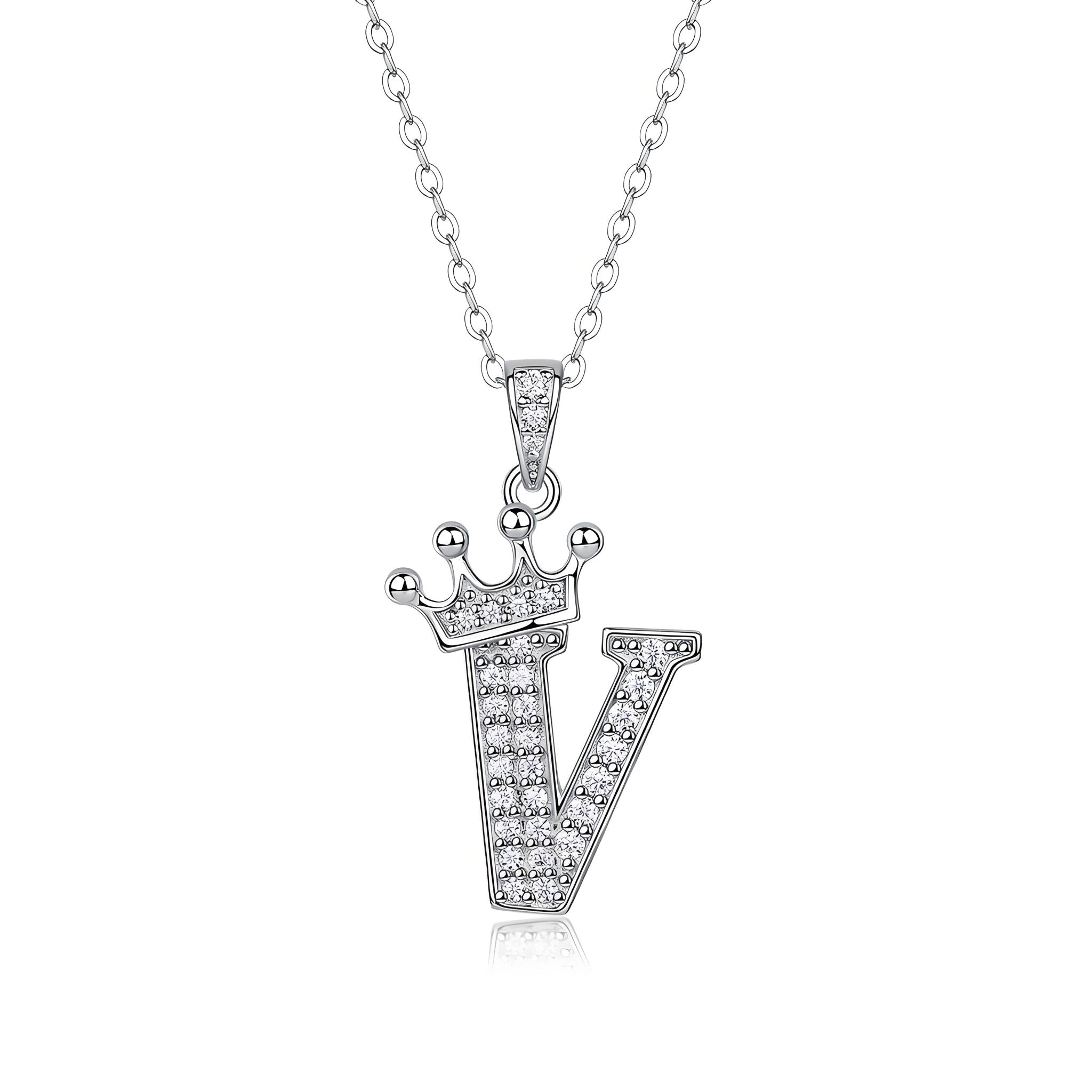 Crown Initial 'V' Letter Customized Moissanite Pendant Necklace of Tiara Alphabet with Halo Bail in 18K Gold Plated Sterling Silver - La Pretti