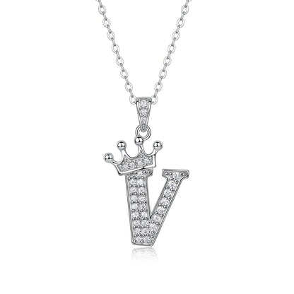 Crown Initial 'V' Letter Customized Moissanite Pendant Necklace of Tiara Alphabet with Halo Bail in 18K Gold Plated Sterling Silver - La Pretti