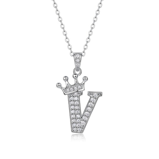 Crown Initial 'V' Letter Customized Moissanite Pendant Necklace of Tiara Alphabet with Halo Bail in 18K Gold Plated Sterling Silver - La Pretti