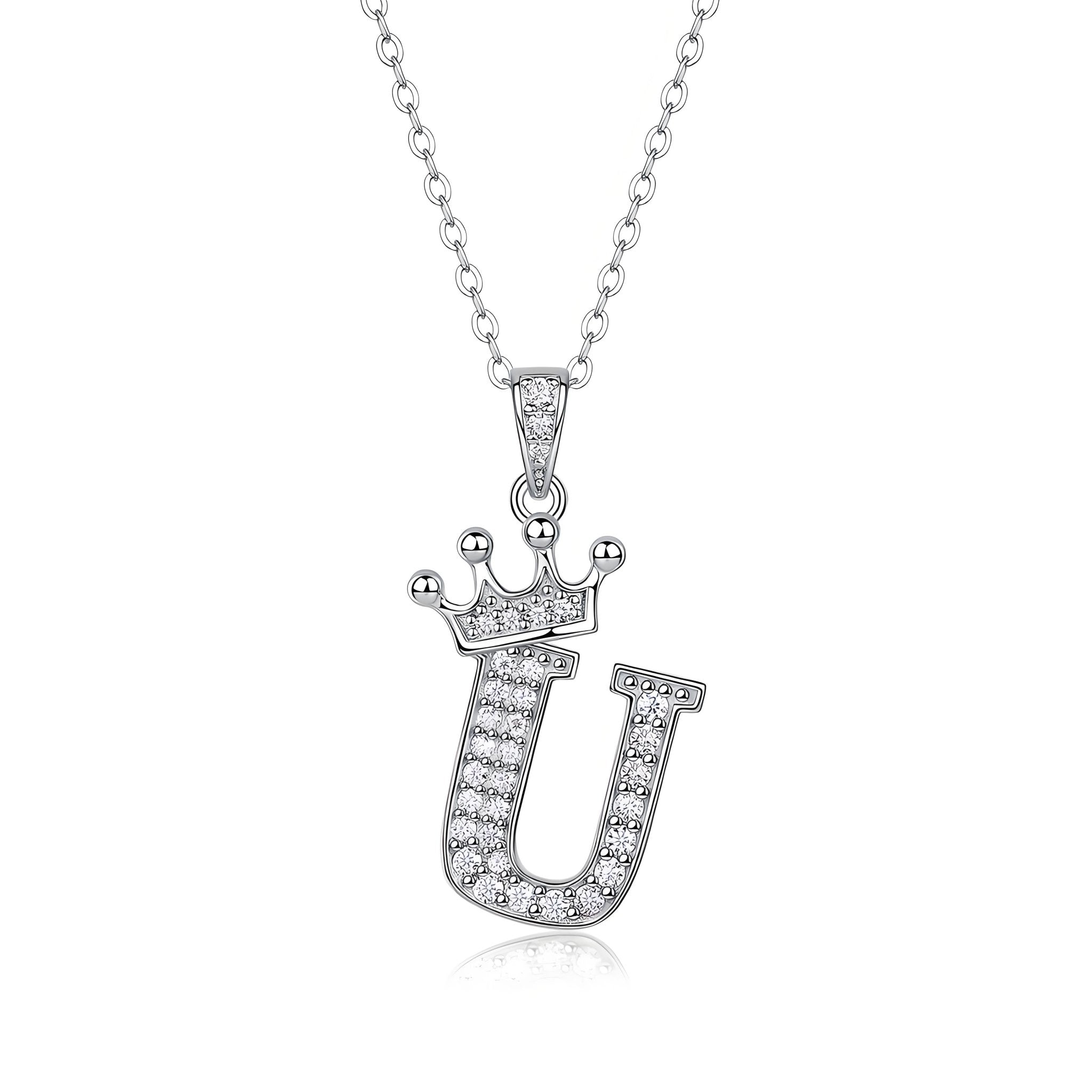 Crown Initial 'U' Letter Customized Moissanite Pendant Necklace of Tiara Alphabet with Halo Bail in 18K Gold Plated Sterling Silver - La Pretti