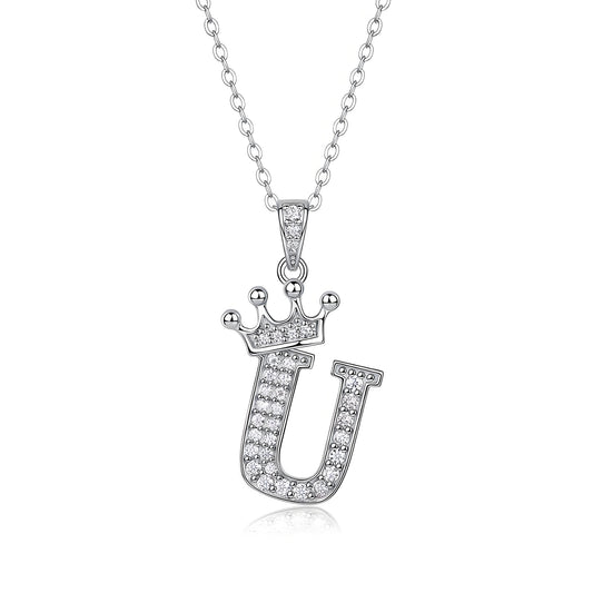 Crown Initial 'U' Letter Customized Moissanite Pendant Necklace of Tiara Alphabet with Halo Bail in 18K Gold Plated Sterling Silver - La Pretti