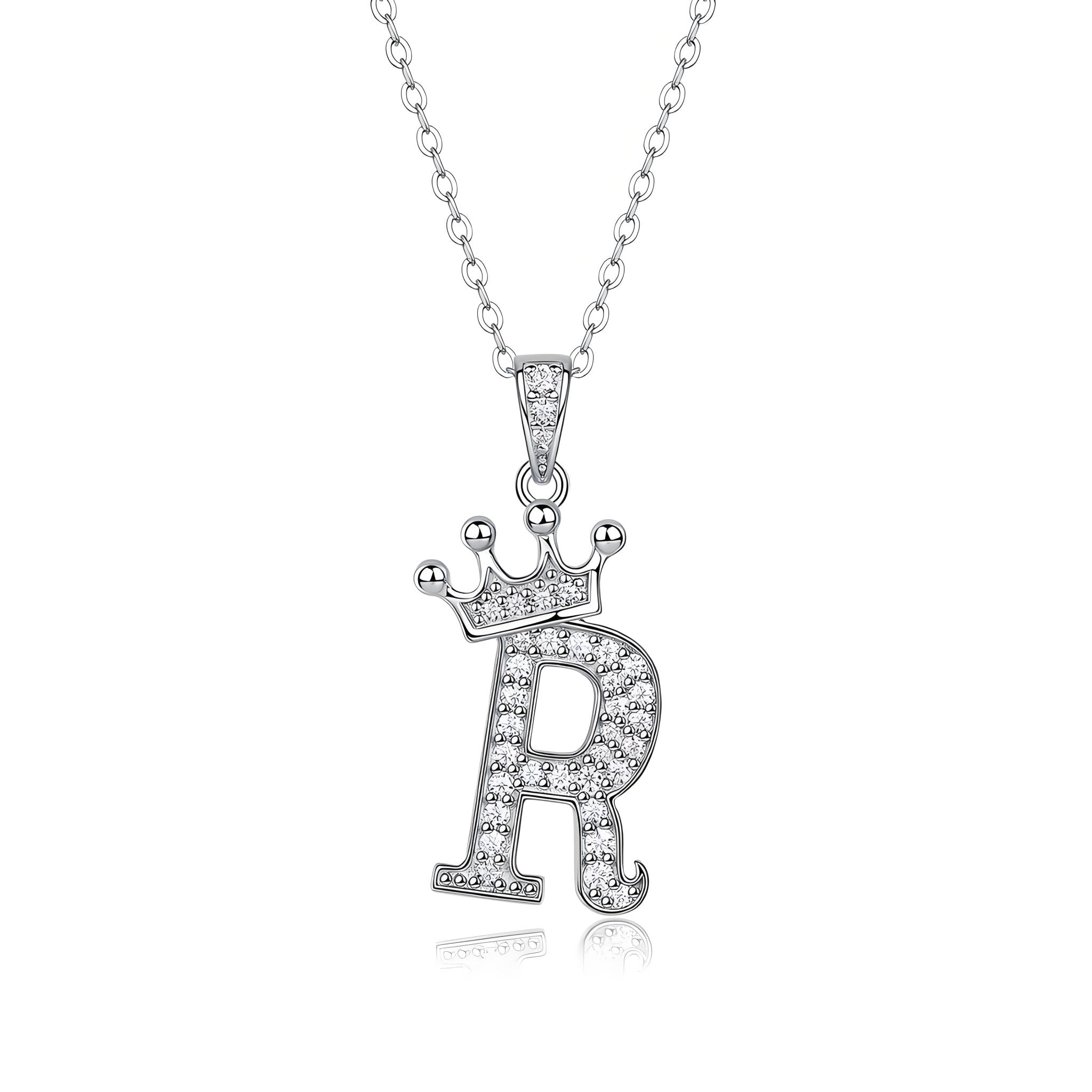 Crown Initial 'R' Letter Customized Moissanite Pendant Necklace of Tara Alphabet with Halo Bail in 18K Gold Plated Sterling Silver - La Pretti