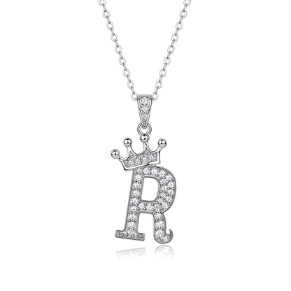 Crown Initial 'R' Letter Customized Moissanite Pendant Necklace of Tara Alphabet with Halo Bail in 18K Gold Plated Sterling Silver - La Pretti