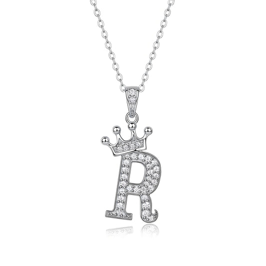 Crown Initial 'R' Letter Customized Moissanite Pendant Necklace of Tara Alphabet with Halo Bail in 18K Gold Plated Sterling Silver - La Pretti