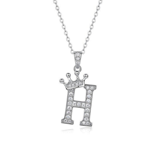 Crown Initial 'H' Letter Customized Moissanite Pendant Necklace of Tiara Alphabet with Halo Bail in 18K Gold Plated Sterling Silver - La Pretti