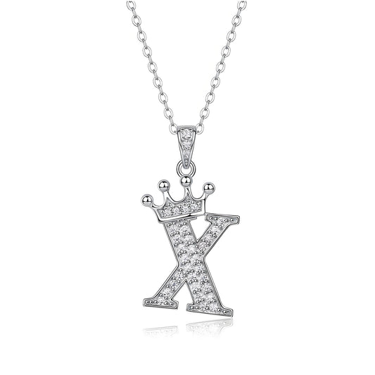 Crown Initial 'X' Letter Customized Moissanite Pendant Necklace of Tiara Alphabet with Halo Bail in 18K Gold Plated Sterling Silver - La Pretti