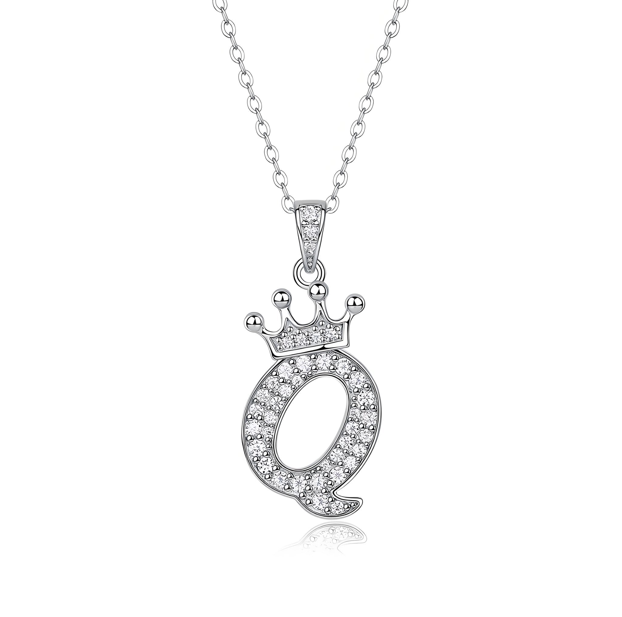 Crown Initial 'Q' Letter Customized Moissanite Pendant Necklace of Tara Alphabet with Halo Bail in 18K Gold Plated Sterling Silver - La Pretti