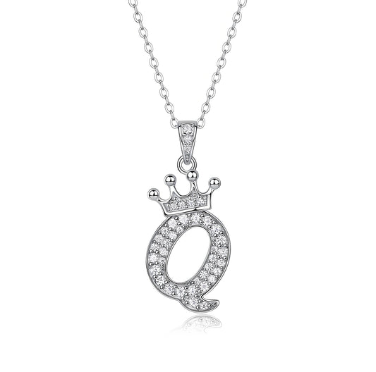 Crown Initial 'Q' Letter Customized Moissanite Pendant Necklace of Tara Alphabet with Halo Bail in 18K Gold Plated Sterling Silver - La Pretti