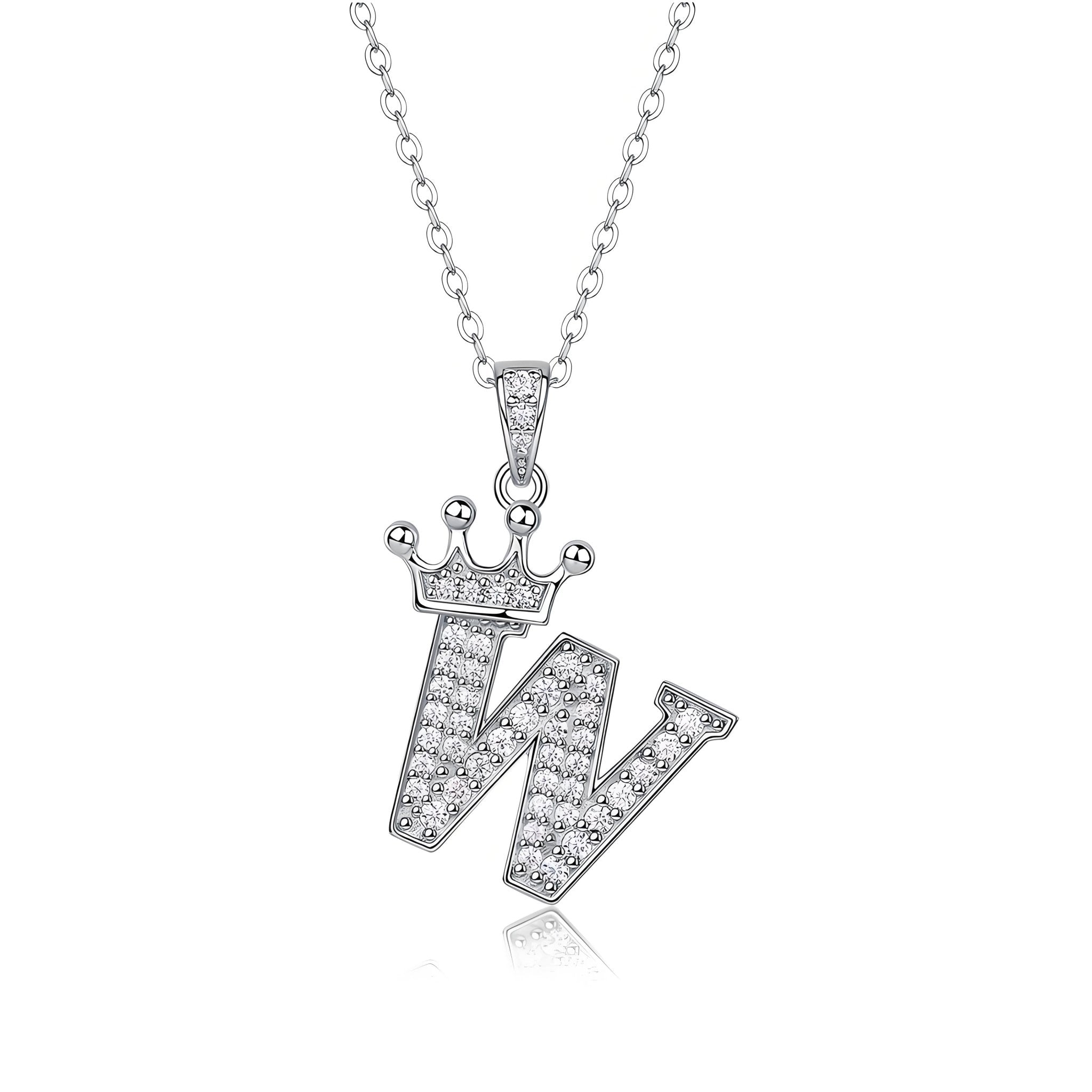 Crown Initial 'W' Letter Customized Moissanite Pendant Necklace of Tiara Alphabet with Halo Bail in 18K Gold Plated Sterling Silver - La Pretti