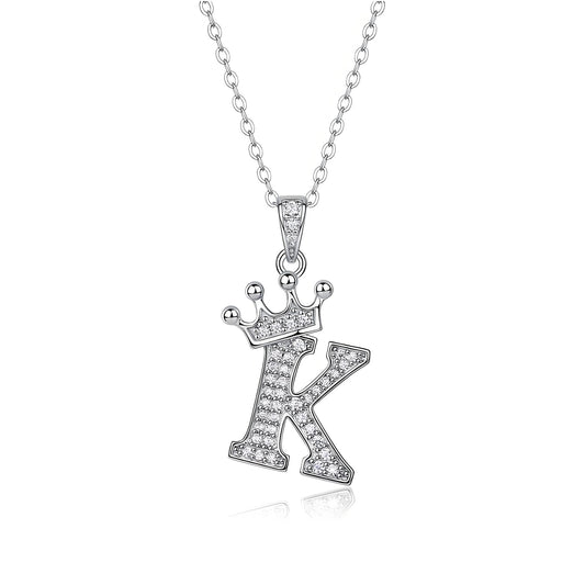 Crown Initial 'K' Letter Customized Moissanite Pendant Necklace of Tara Alphabet with Halo Bail in 18K Gold Plated Sterling Silver - La Pretti