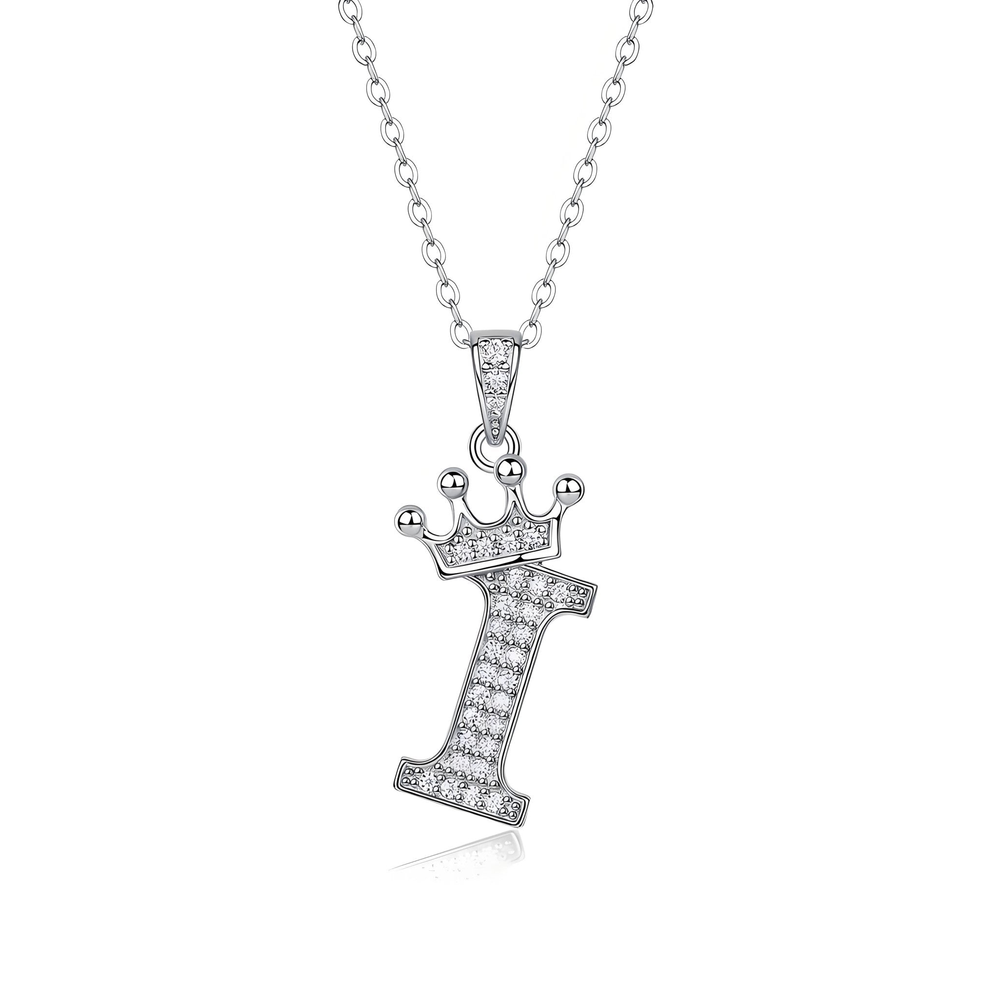 Crown Initial 'I' Letter Customized Moissanite Pendant Necklace of Tiara Alphabet with Halo Bail in 18K Gold Plated Sterling Silver - La Pretti