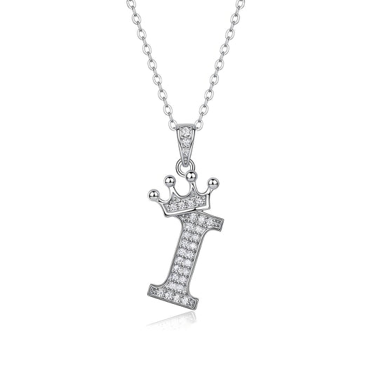 Crown Initial 'I' Letter Customized Moissanite Pendant Necklace of Tiara Alphabet with Halo Bail in 18K Gold Plated Sterling Silver - La Pretti