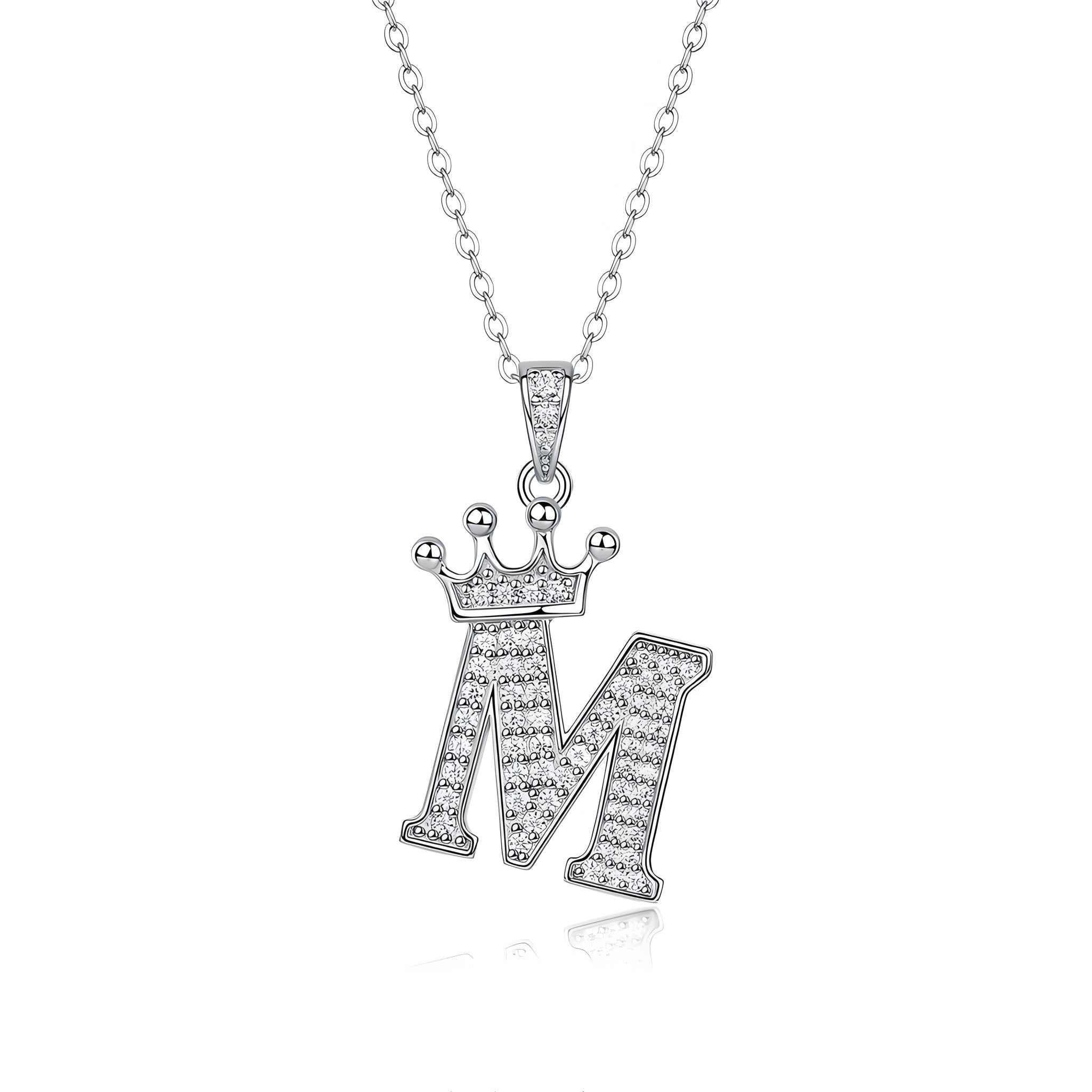 Crown Initial 'M' Letter Customized Moissanite Pendant Necklace of Tiara Alphabet with Halo Bail in 18K Gold Plated Sterling Silver - La Pretti