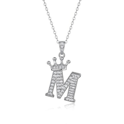 Crown Initial 'M' Letter Customized Moissanite Pendant Necklace of Tiara Alphabet with Halo Bail in 18K Gold Plated Sterling Silver - La Pretti