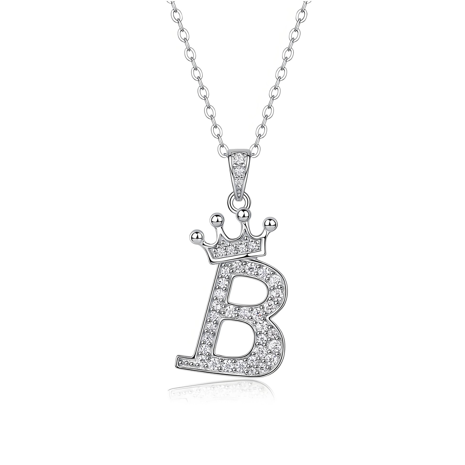 Crown Initial 'B' Letter Customized Moissanite Pendant Necklace of Tiara Alphabet with Halo Bail in 18K Gold Plated Sterling Silver - La Pretti