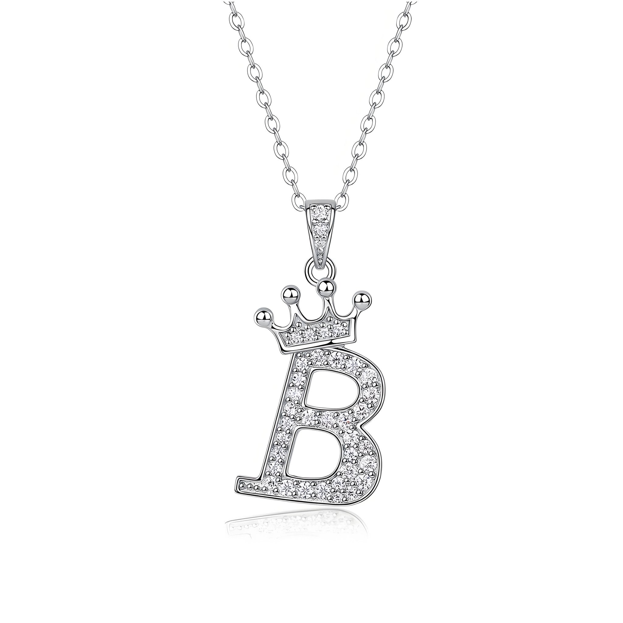 Crown Initial 'B' Letter Customized Moissanite Pendant Necklace of Tiara Alphabet with Halo Bail in 18K Gold Plated Sterling Silver - La Pretti