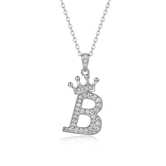 Crown Initial 'B' Letter Customized Moissanite Pendant Necklace of Tiara Alphabet with Halo Bail in 18K Gold Plated Sterling Silver - La Pretti