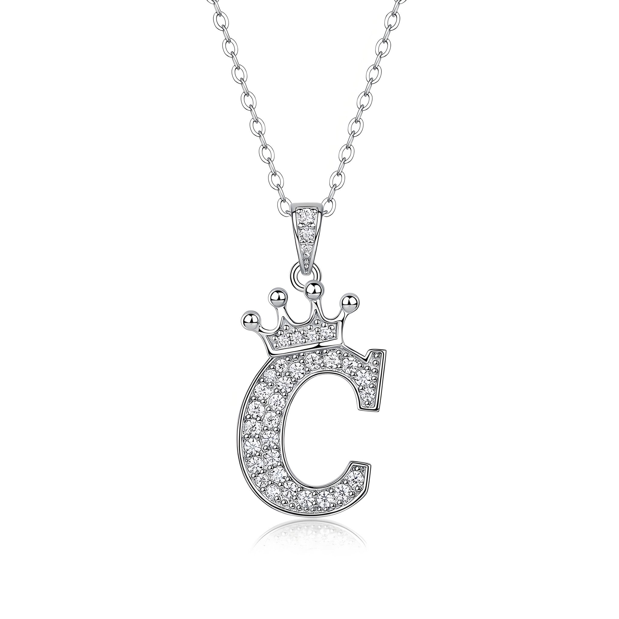 Crown Initial 'C' Letter Customized Moissanite Pendant Necklace of Tara Alphabet with Halo Bail in 18K Gold Plated Sterling Silver - La Pretti