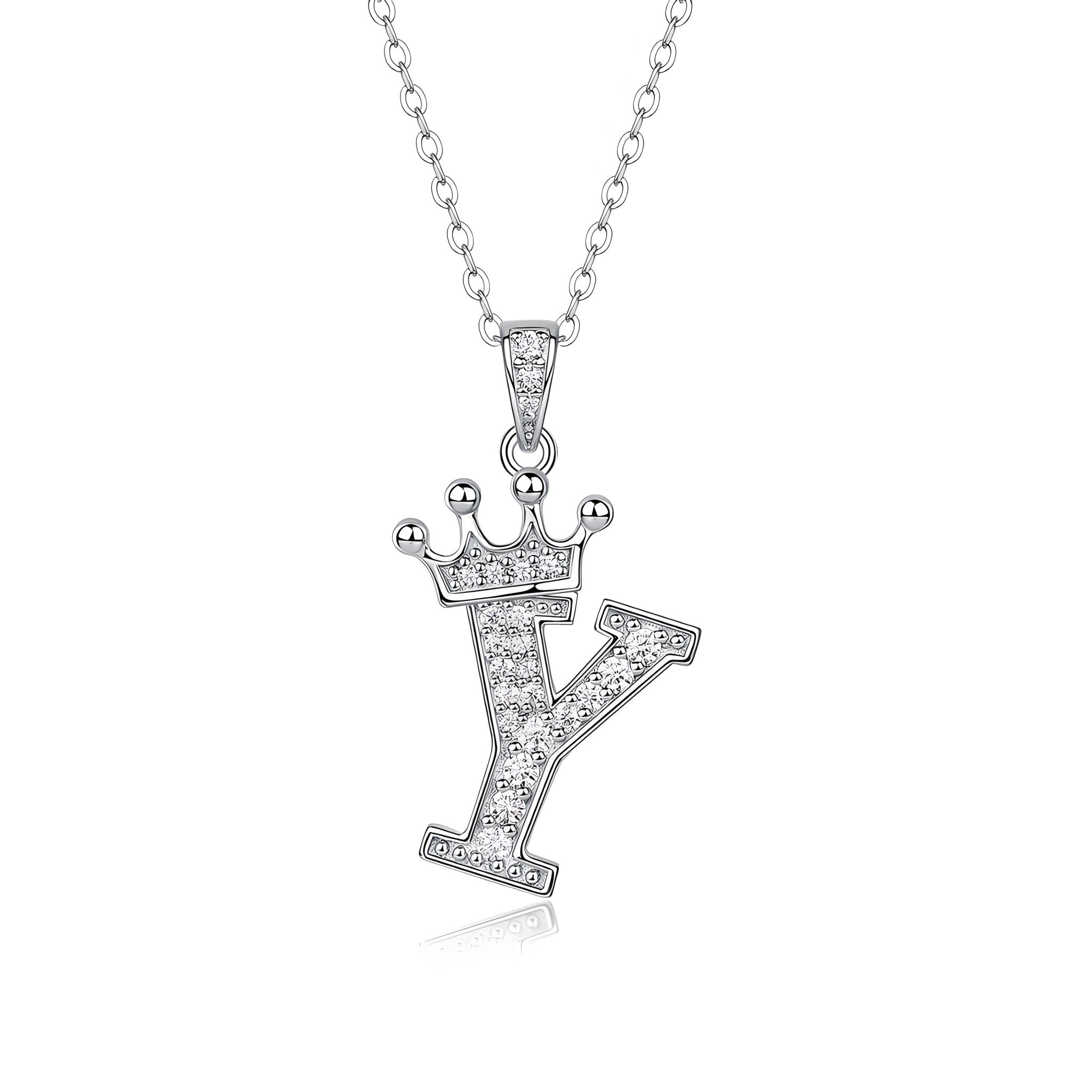 Crown Initial 'Y' Letter Customized Moissanite Pendant Necklace of Tiara Alphabet with Halo Bail in 18K Gold Plated Sterling Silver - La Pretti