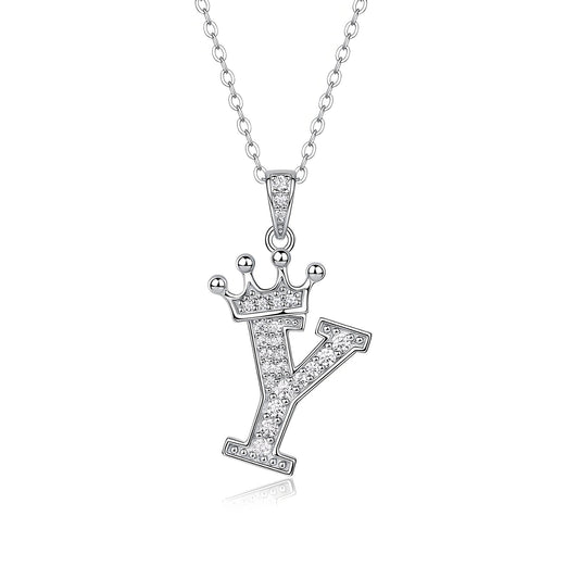 Crown Initial 'Y' Letter Customized Moissanite Pendant Necklace of Tiara Alphabet with Halo Bail in 18K Gold Plated Sterling Silver - La Pretti