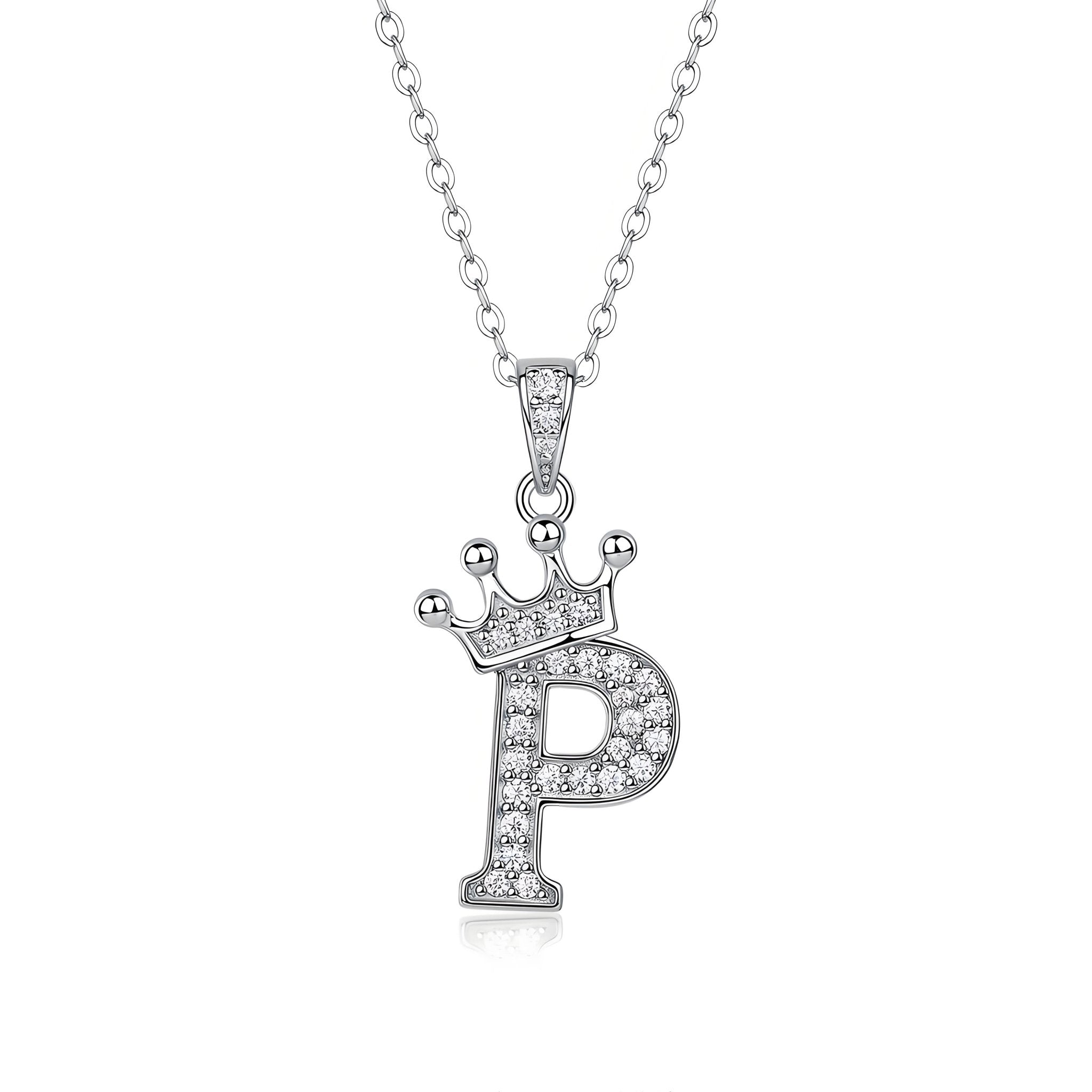 Crown Initial 'P' Letter Customized Moissanite Pendant Necklace of Tara Alphabet with Halo Bail in 18K Gold Plated Sterling Silver - La Pretti