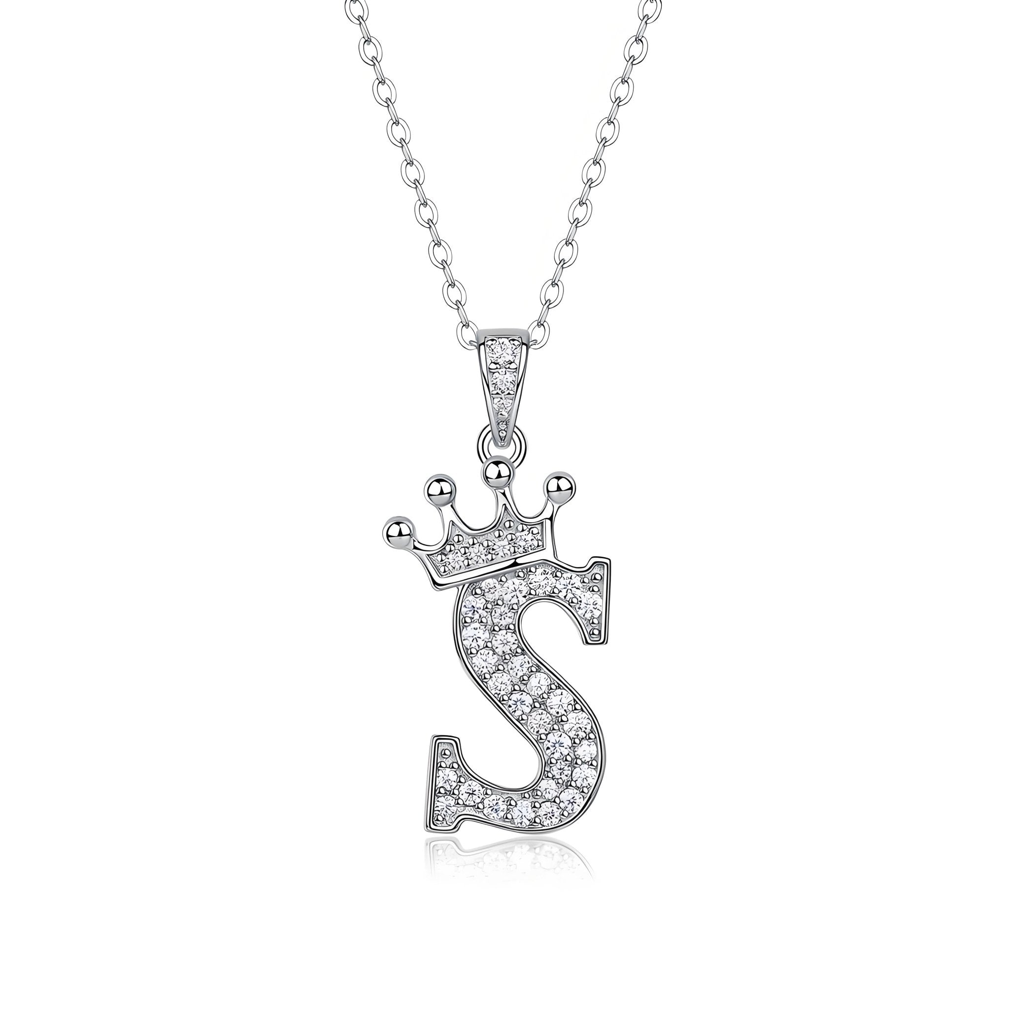 Crown Initial 'S' Letter Customized Moissanite Pendant Necklace of Tiara Alphabet with Halo Bail in 18K Gold Plated Sterling Silver - La Pretti