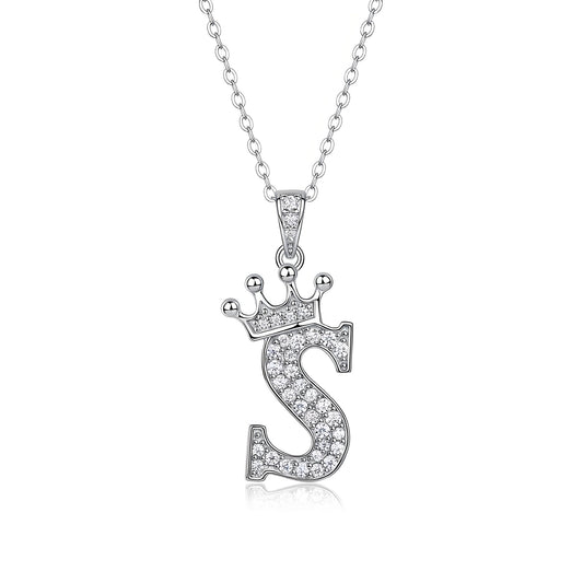 Crown Initial 'S' Letter Customized Moissanite Pendant Necklace of Tiara Alphabet with Halo Bail in 18K Gold Plated Sterling Silver - La Pretti