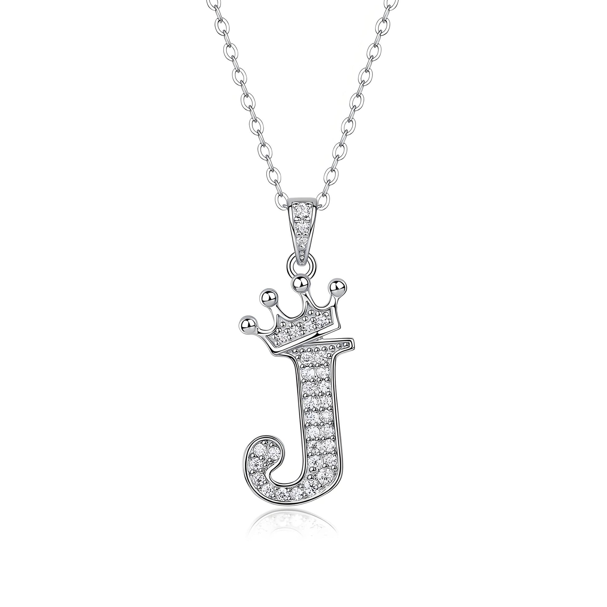 Crown Initial 'J' Letter Customized Moissanite Pendant Necklace of Tara Alphabet with Halo Bail in 18K Gold Plated Sterling Silver - La Pretti