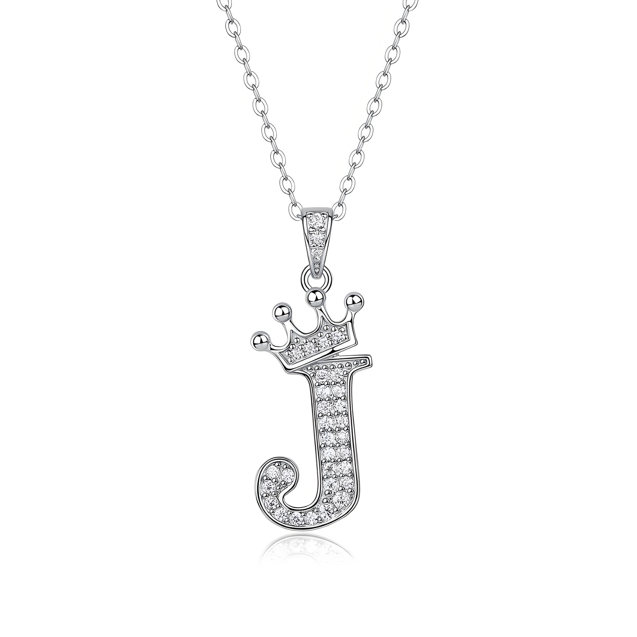 Crown Initial 'J' Letter Customized Moissanite Pendant Necklace of Tara Alphabet with Halo Bail in 18K Gold Plated Sterling Silver - La Pretti
