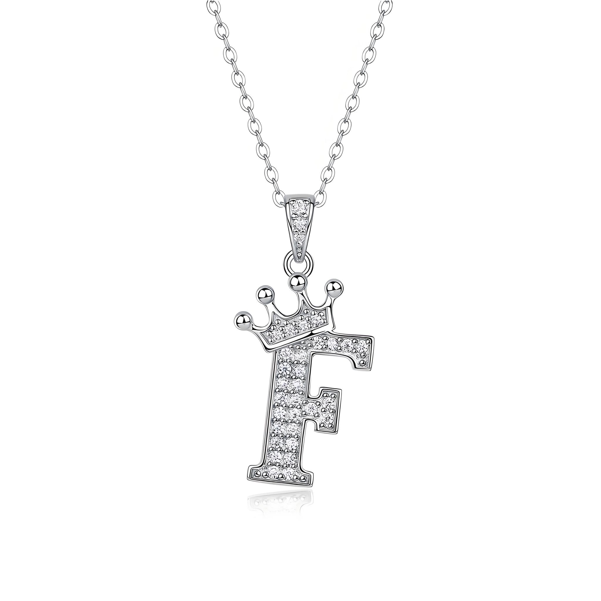 Crown Initial 'F' Letter Customized Moissanite Pendant Necklace of Tara Alphabet with Halo Bail in 18K Gold Plated Sterling Silver - La Pretti