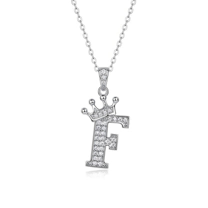 Crown Initial 'F' Letter Customized Moissanite Pendant Necklace of Tara Alphabet with Halo Bail in 18K Gold Plated Sterling Silver - La Pretti