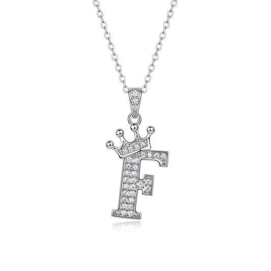 Crown Initial 'F' Letter Customized Moissanite Pendant Necklace of Tara Alphabet with Halo Bail in 18K Gold Plated Sterling Silver - La Pretti
