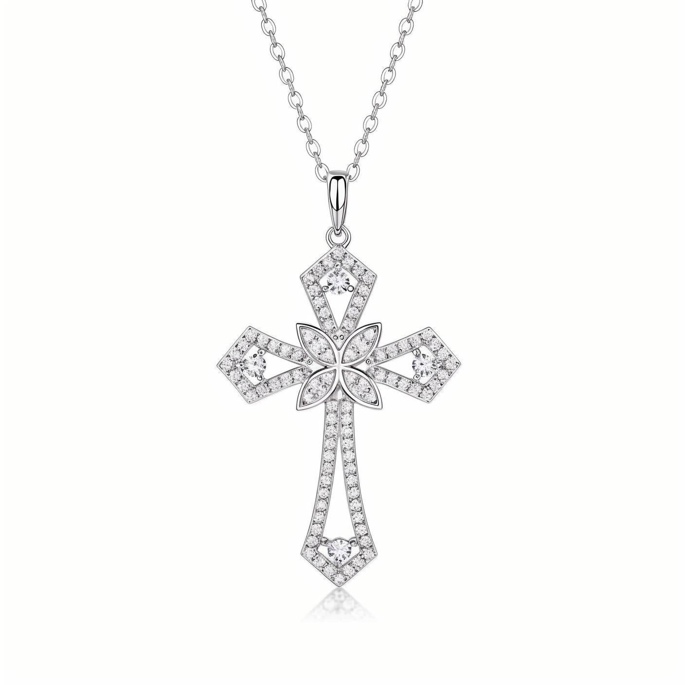 Knife - edged Cross Moissanite Chrome Pave Pendant Necklace of Idylle Blossom with Standard Bail - La Pretti