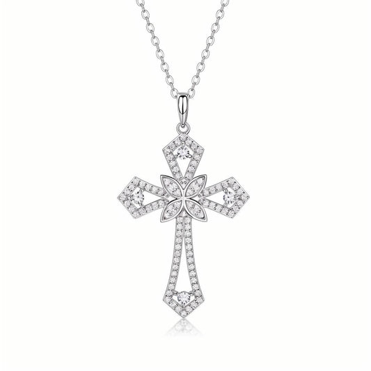 Knife - edged Cross Moissanite Chrome Pave Pendant Necklace of Idylle Blossom with Standard Bail - La Pretti