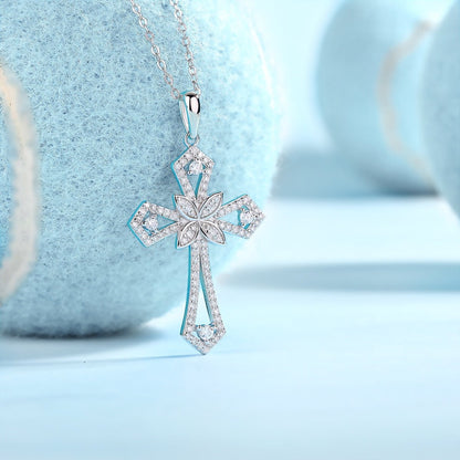 Knife - edged Cross Moissanite Chrome Pave Pendant Necklace of Idylle Blossom with Standard Bail - La Pretti