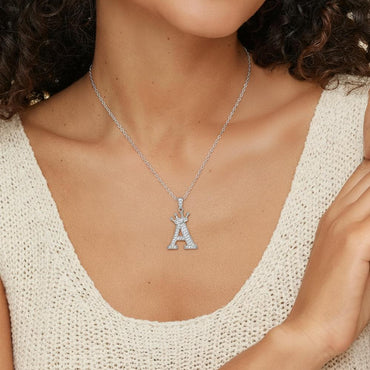 Crown Initial 'A' Letter Customized Moissanite Pendant Necklace of Tara Alphabet with Halo Bail in 18K Gold Plated Sterling Silver - La Pretti