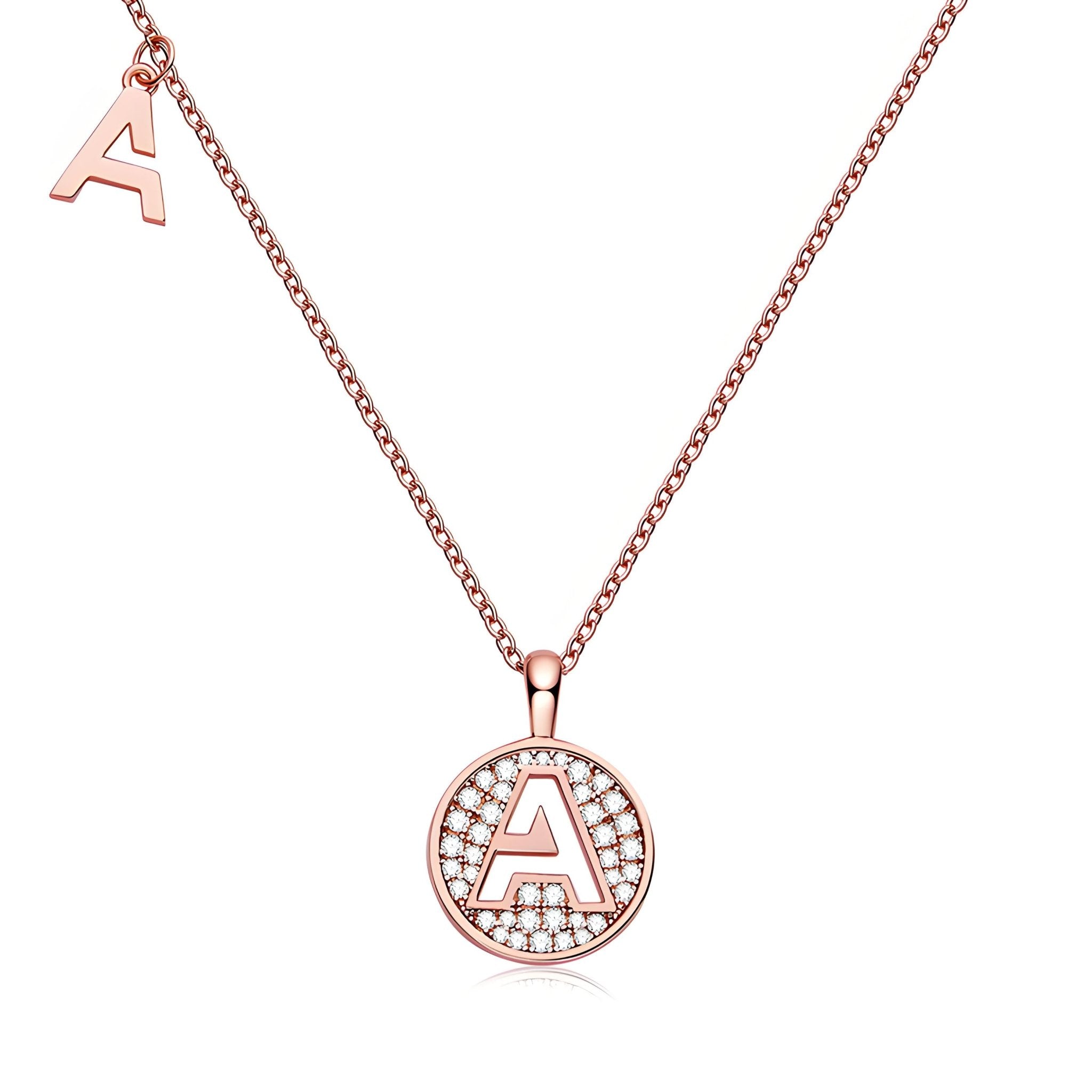 Initial 'A' Letter Medallion Customized Moissanite Necklace in 18K Rose Golden Plated Sterling Silver - La Pretti