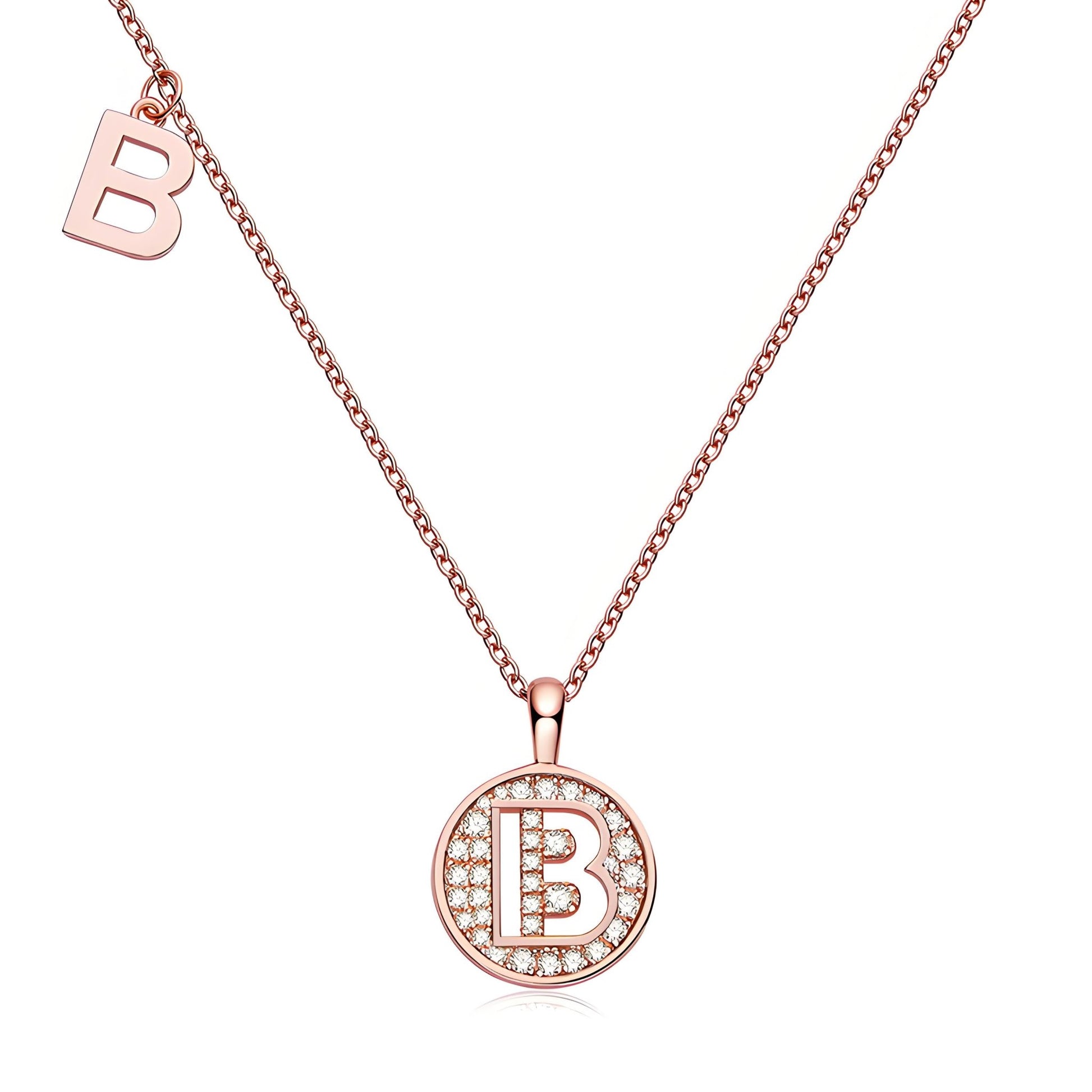 Initial 'B' Letter Medallion Customized Moissanite Necklace in 18K Rose Golden Plated Sterling Silver - La Pretti