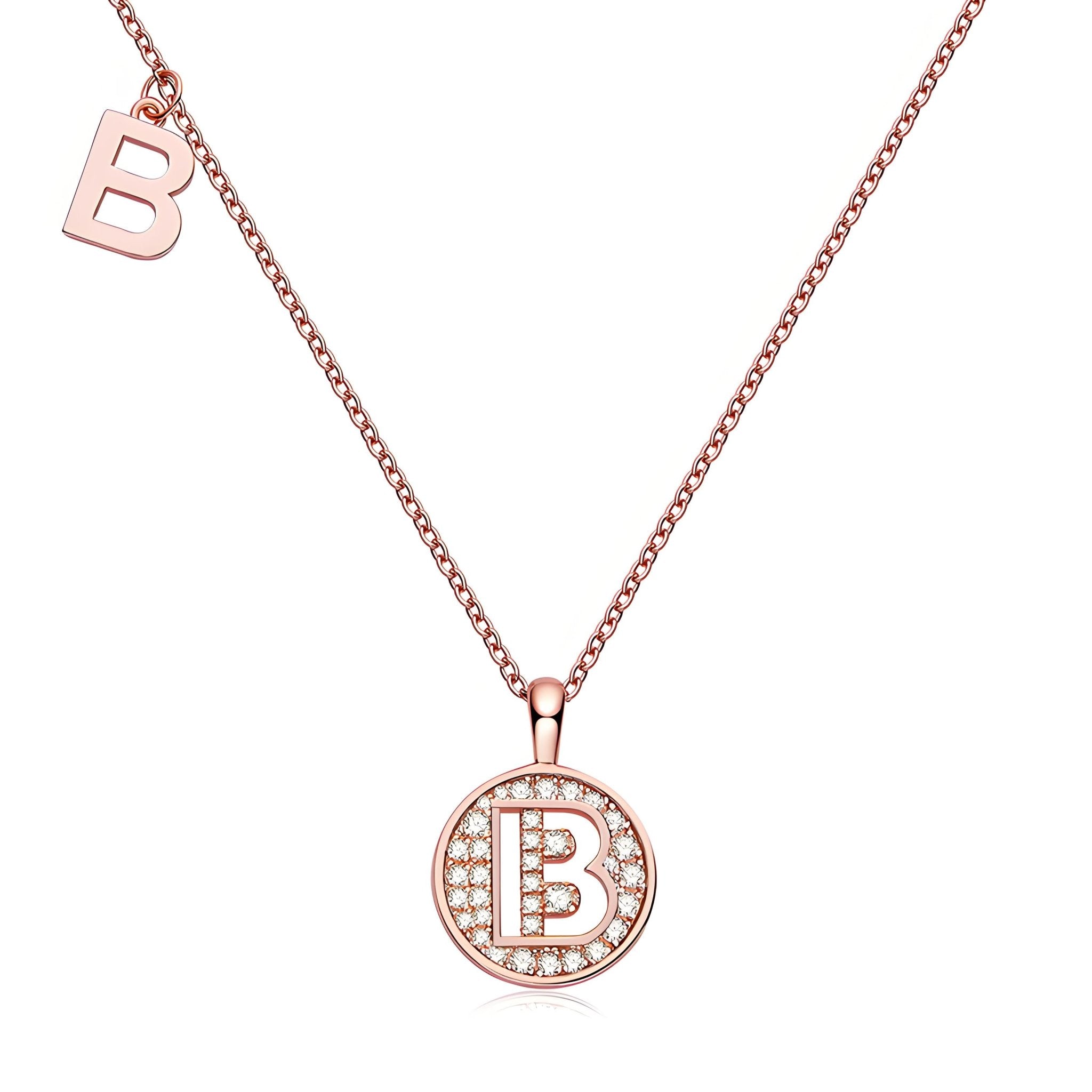 Initial 'B' Letter Medallion Customized Moissanite Necklace in 18K Rose Golden Plated Sterling Silver - La Pretti