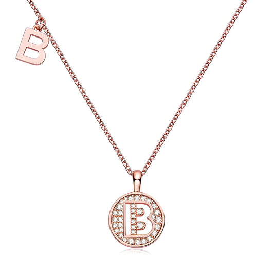 Initial 'B' Letter Medallion Customized Moissanite Necklace in 18K Rose Golden Plated Sterling Silver - La Pretti