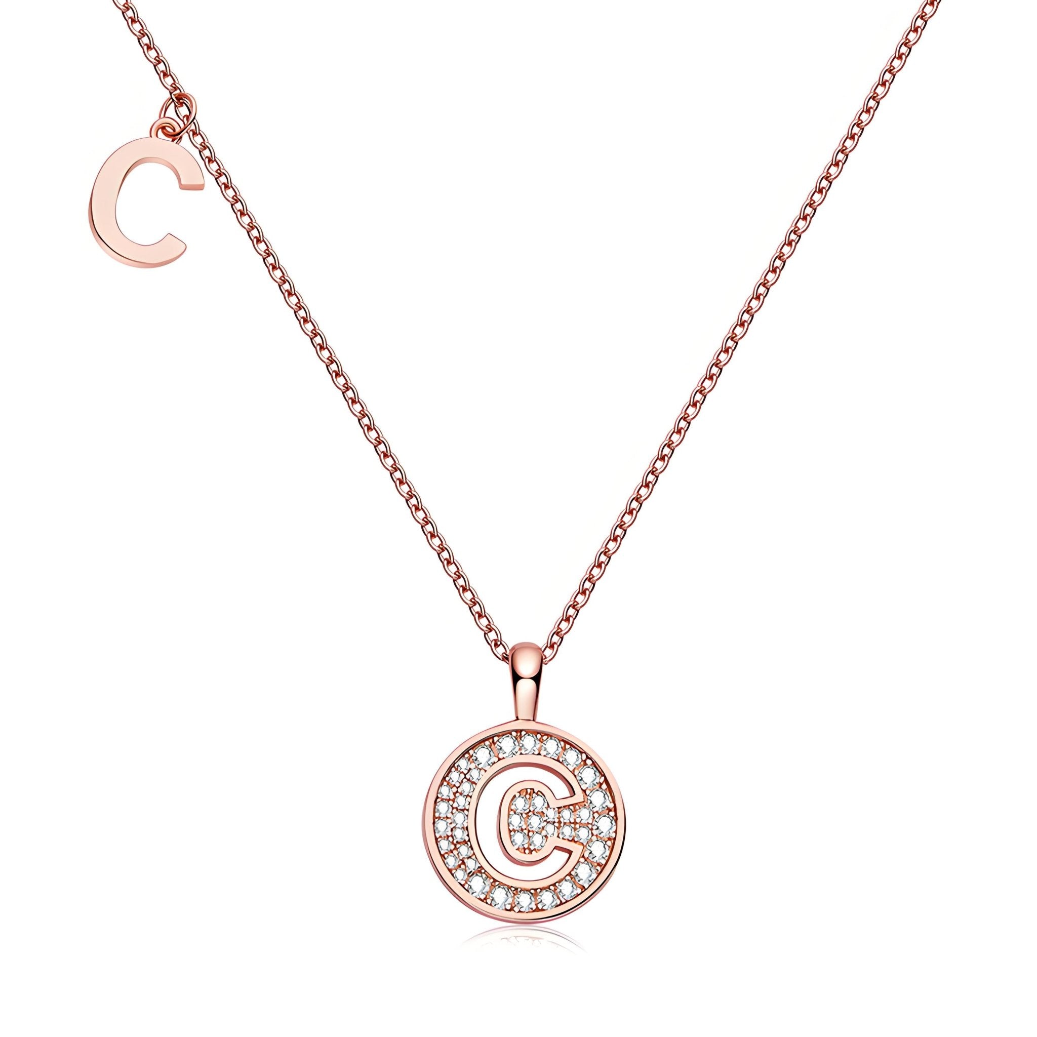 Initial 'C' Letter Medallion Customized Moissanite Necklace in 18K Rose Golden Plated Sterling Silver - La Pretti