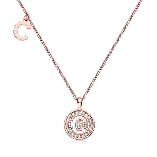 Initial 'C' Letter Medallion Customized Moissanite Necklace in 18K Rose Golden Plated Sterling Silver - La Pretti