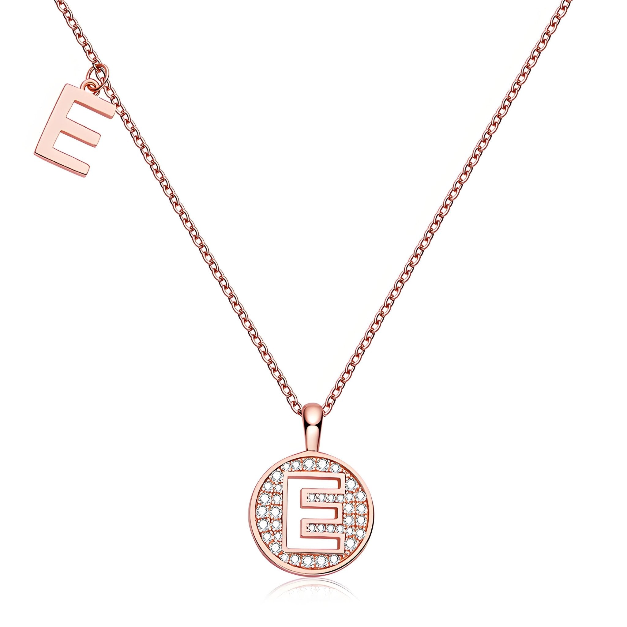 Initial 'E' Letter Medallion Customized Moissanite Necklace in 18K Rose Golden Plated Sterling Silver - La Pretti