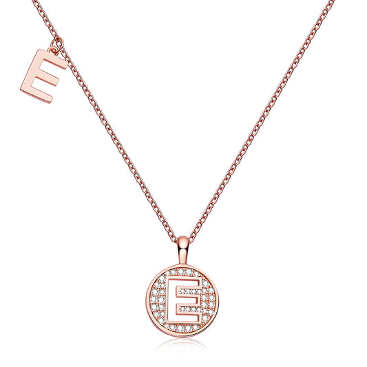 Initial 'E' Letter Medallion Customized Moissanite Necklace in 18K Rose Golden Plated Sterling Silver - La Pretti