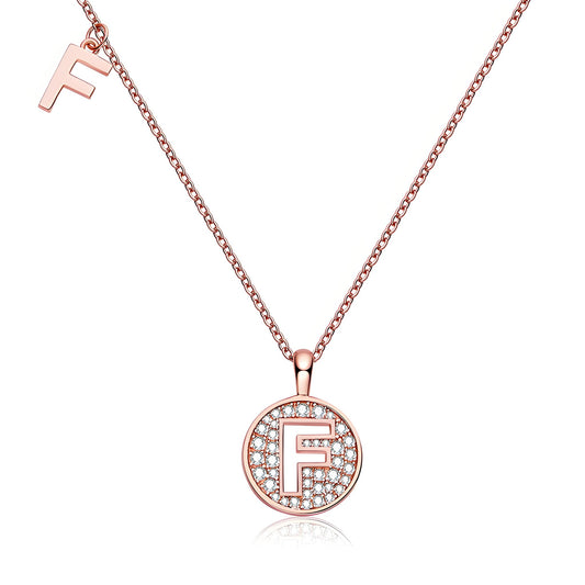 Initial 'F' Letter Medallion Customized Moissanite Necklace in 18K Rose Golden Plated Sterling Silver - La Pretti