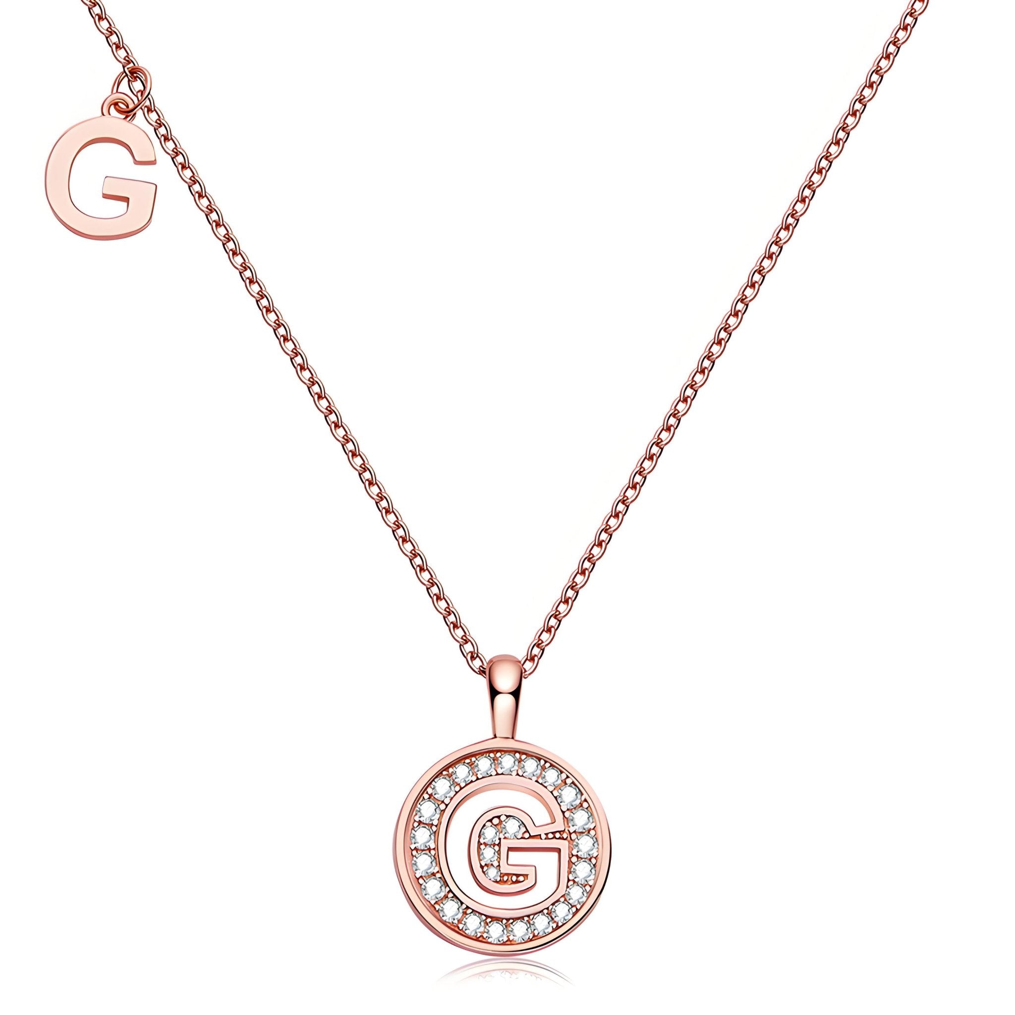 Initial 'G' Letter Medallion Customized Moissanite Necklace in 18K Rose Golden Plated Sterling Silver - La Pretti
