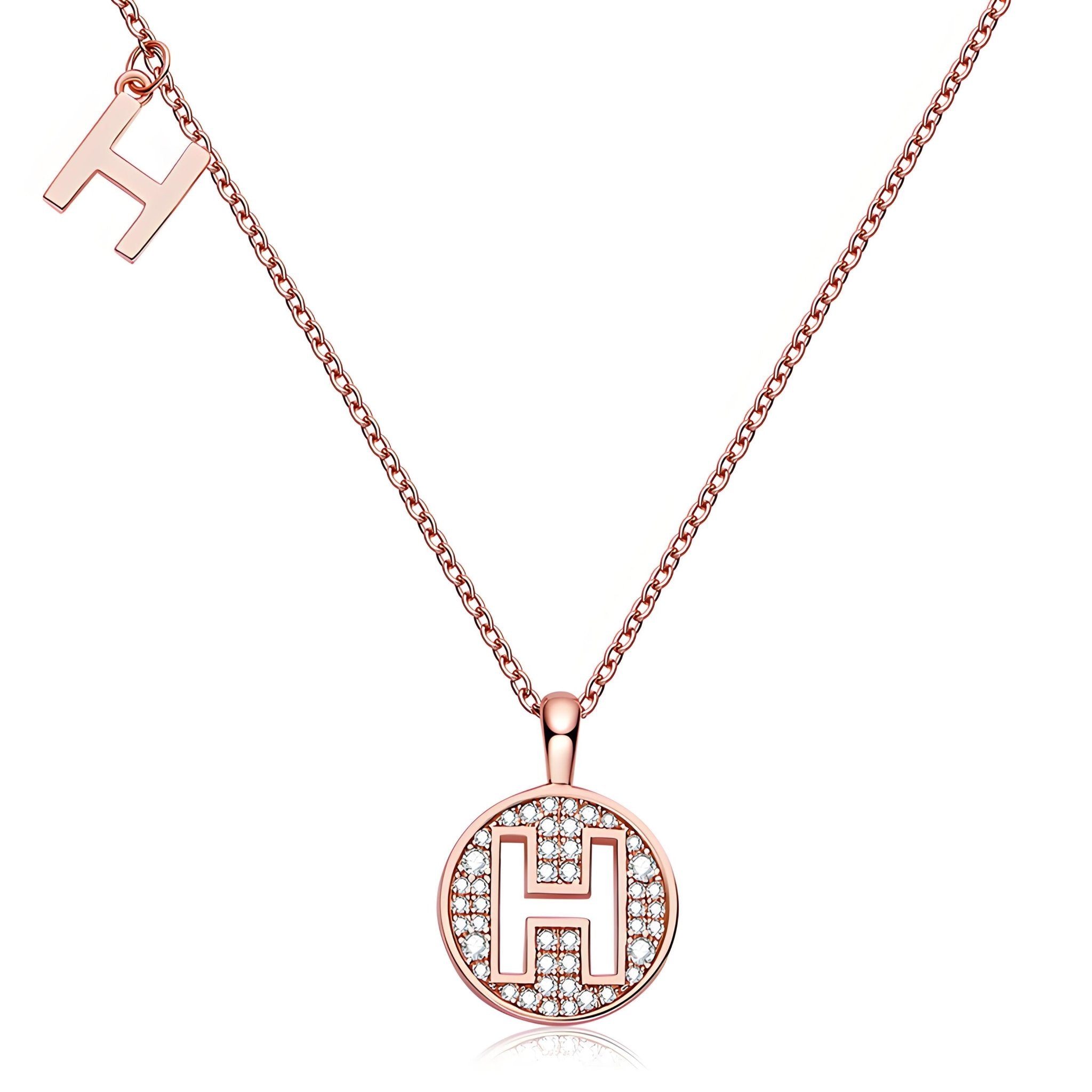 Initial 'H' Letter Medallion Customized Moissanite Necklace in 18K Rose Golden Plated Sterling Silver - La Pretti